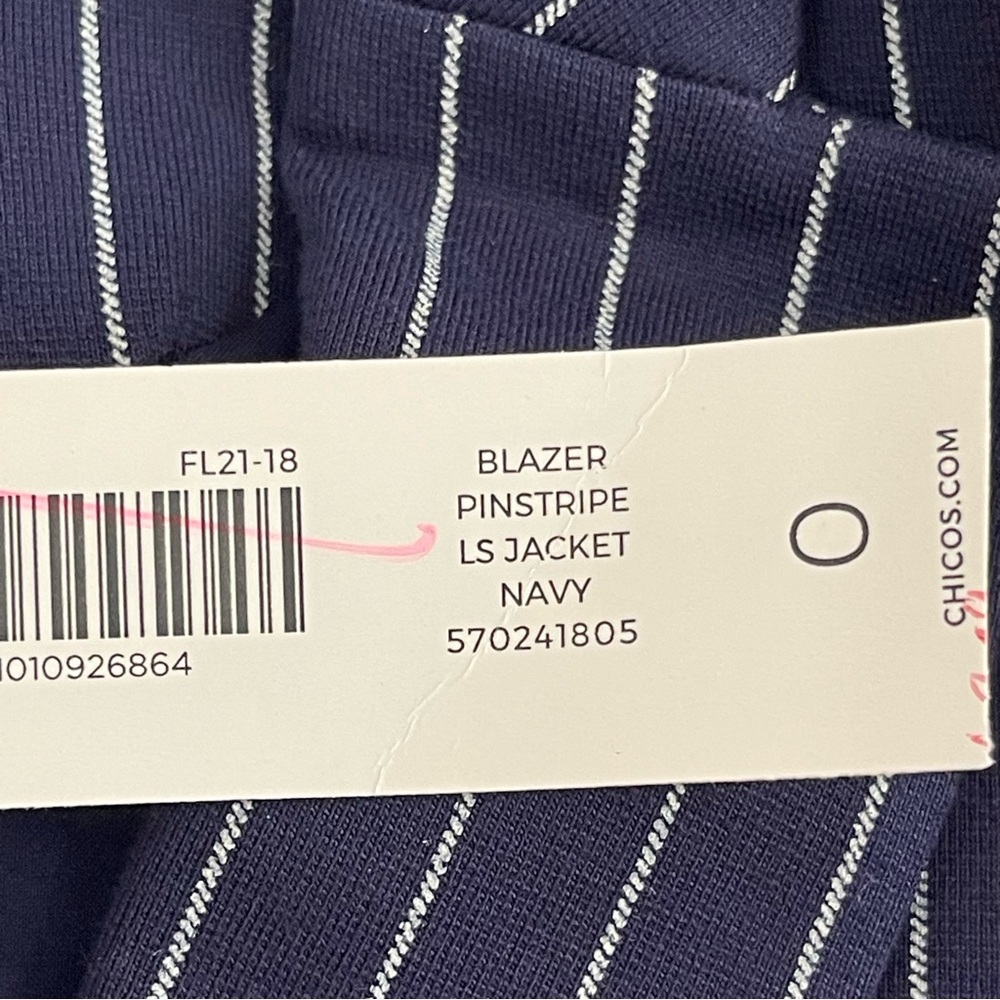 Chicos Blazer Jacket Womens 4/6 Navy White Pinstripe Ruffle Sleeve Office - Picture 4 of 10